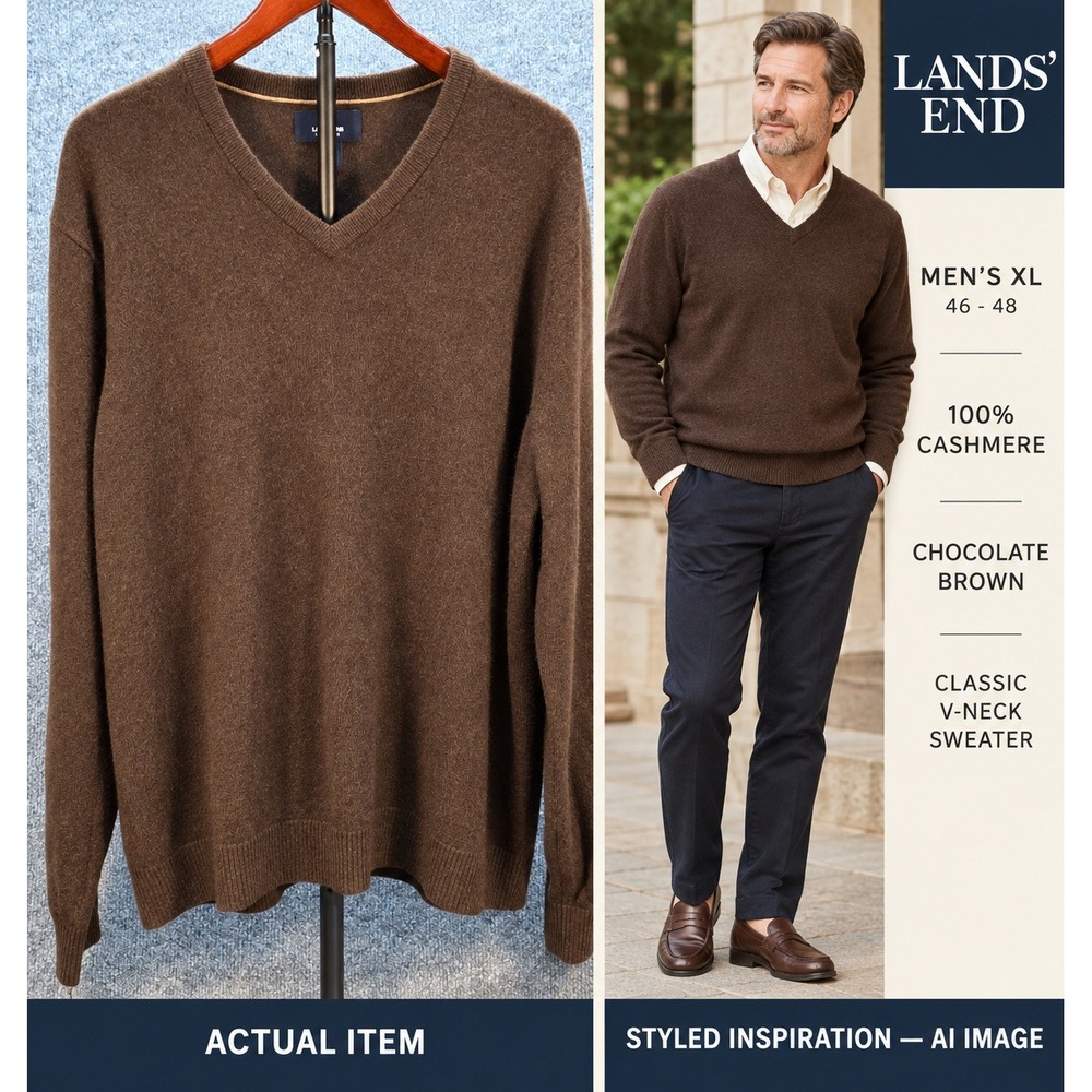 Lands End V-Neck Sweater Mens 100% Cashmere Brown XL Excellent Old Money Luxury
